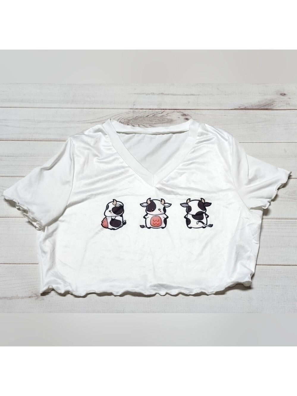 Cartoon Cow Graphic Short Sleeve Crop Tee Large - New Without Tags